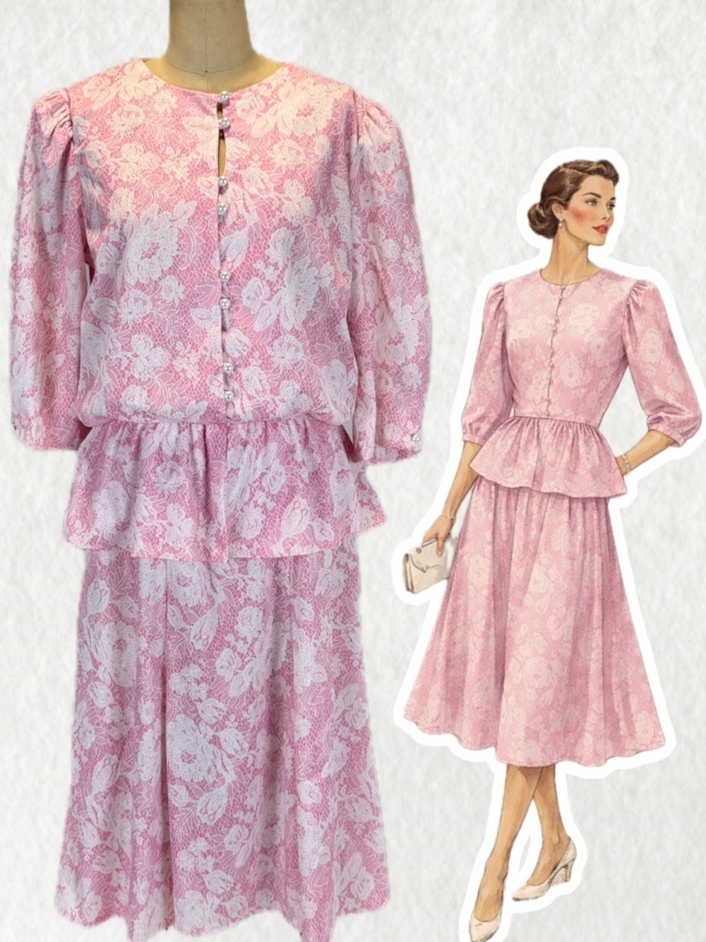 VINTAGE 80s lace print dress long sleeve midi peplum ruffle waist semi-formal L